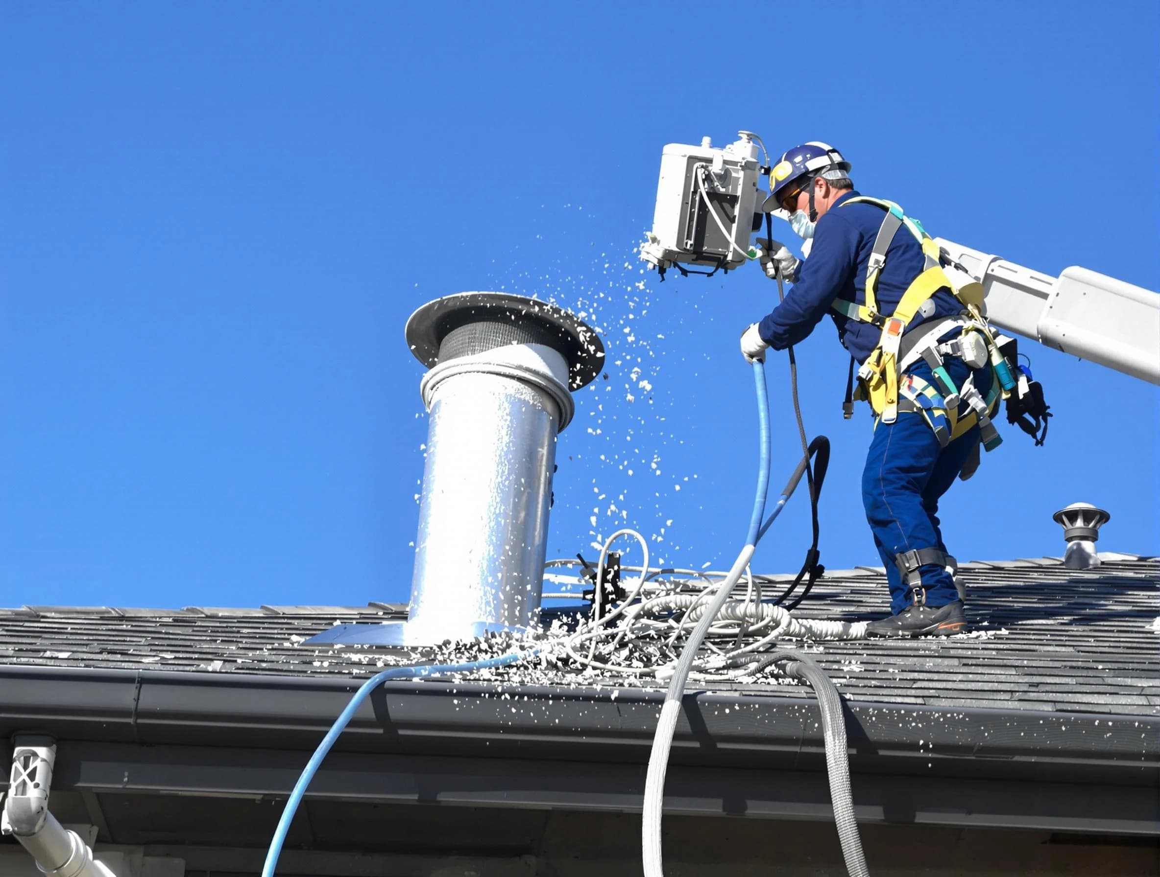 Murrieta Dryer Vent Cleaning certified technician safely cleaning a roof-mounted dryer vent in Murrieta