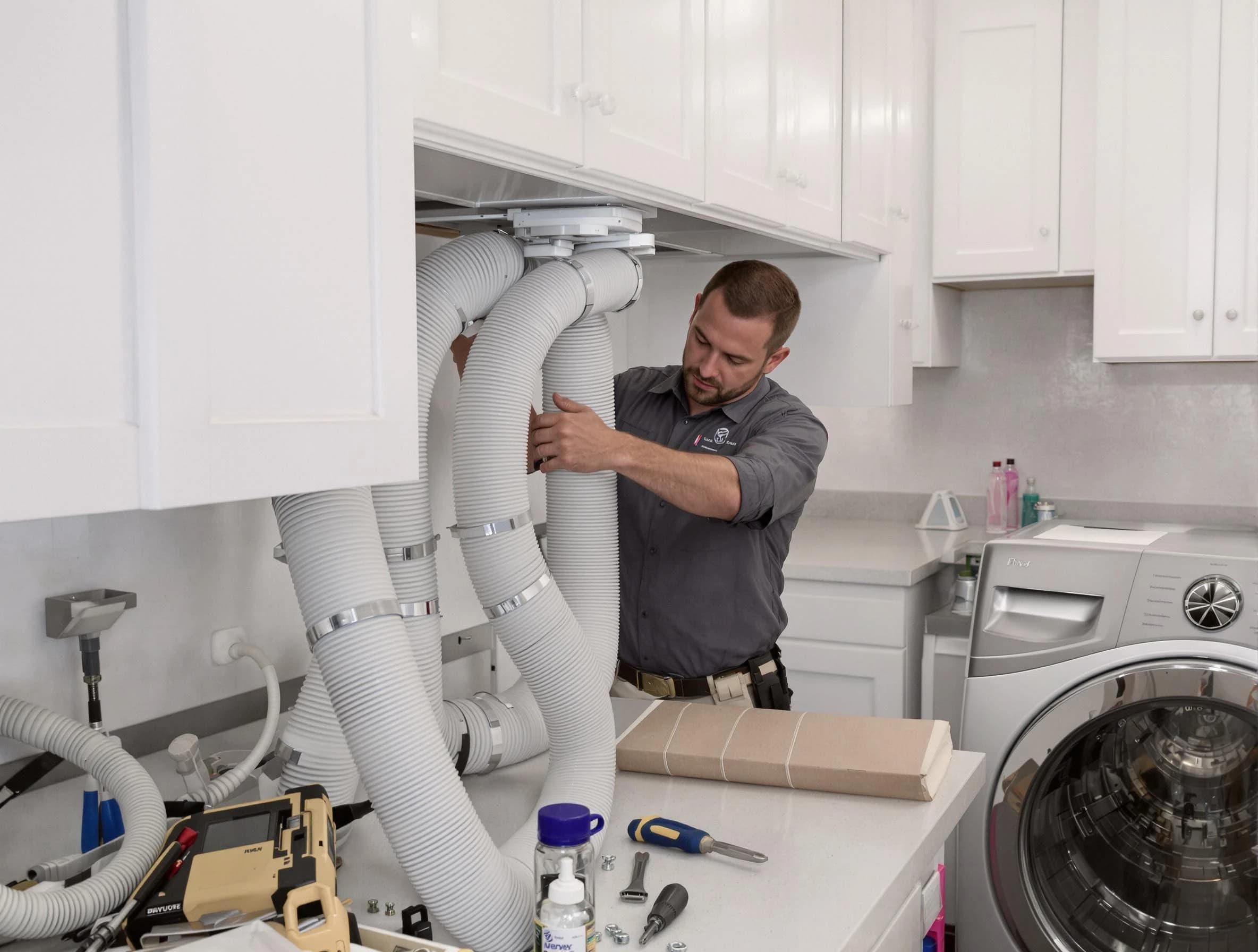 Murrieta Dryer Vent Cleaning technician installing a new professional-grade dryer vent hose in Murrieta