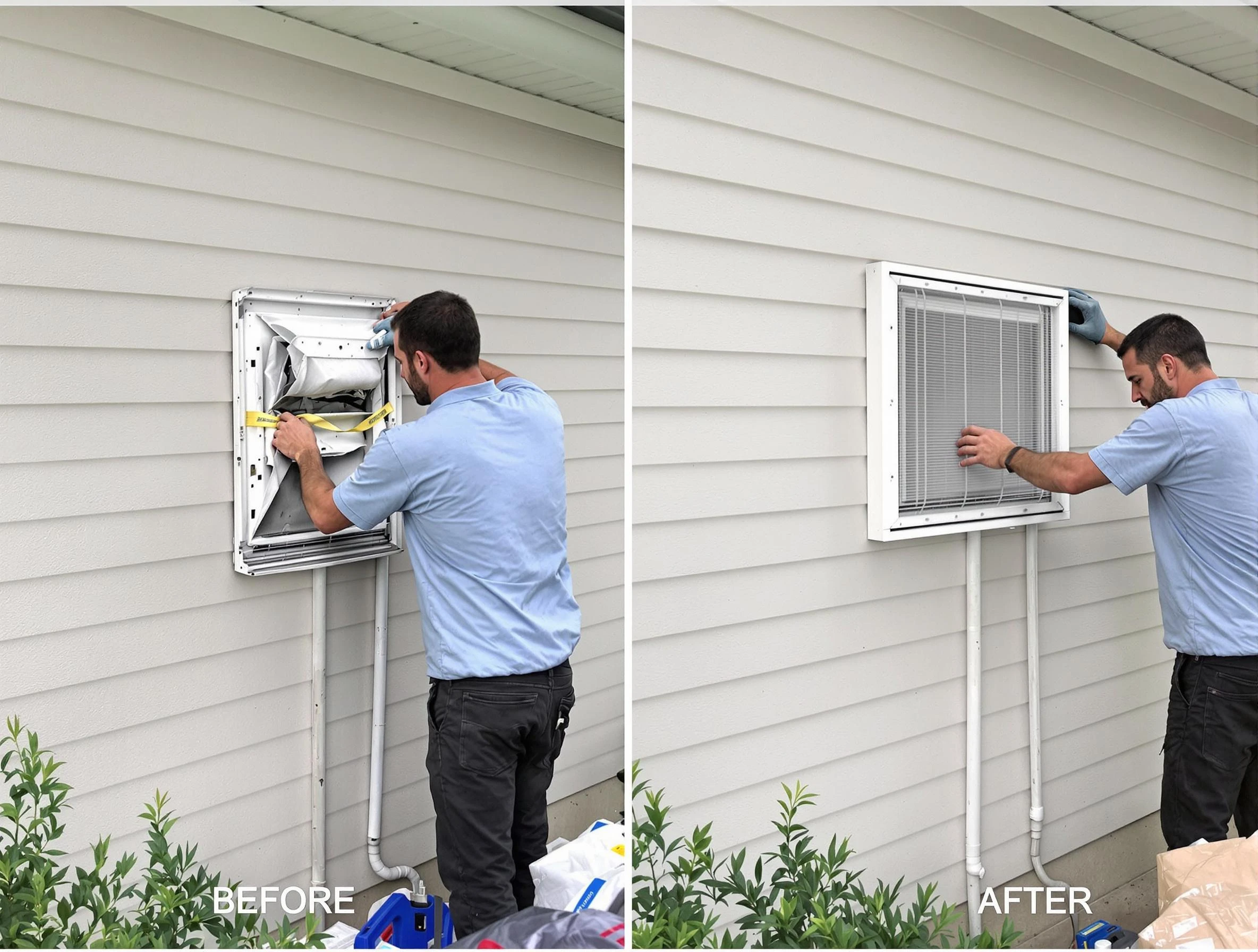 Murrieta Dryer Vent Cleaning technician installing high-quality dryer vent cover at a residential property in Murrieta